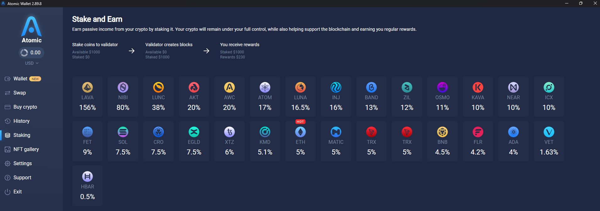 Atomic Wallet stake and earn feature showing 30 assets available for staking - Atomic Wallet - Flush