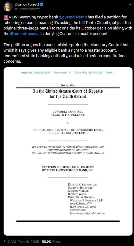 Custodia Bank petition for a full Tenth Circuit review of the Fed master account denial