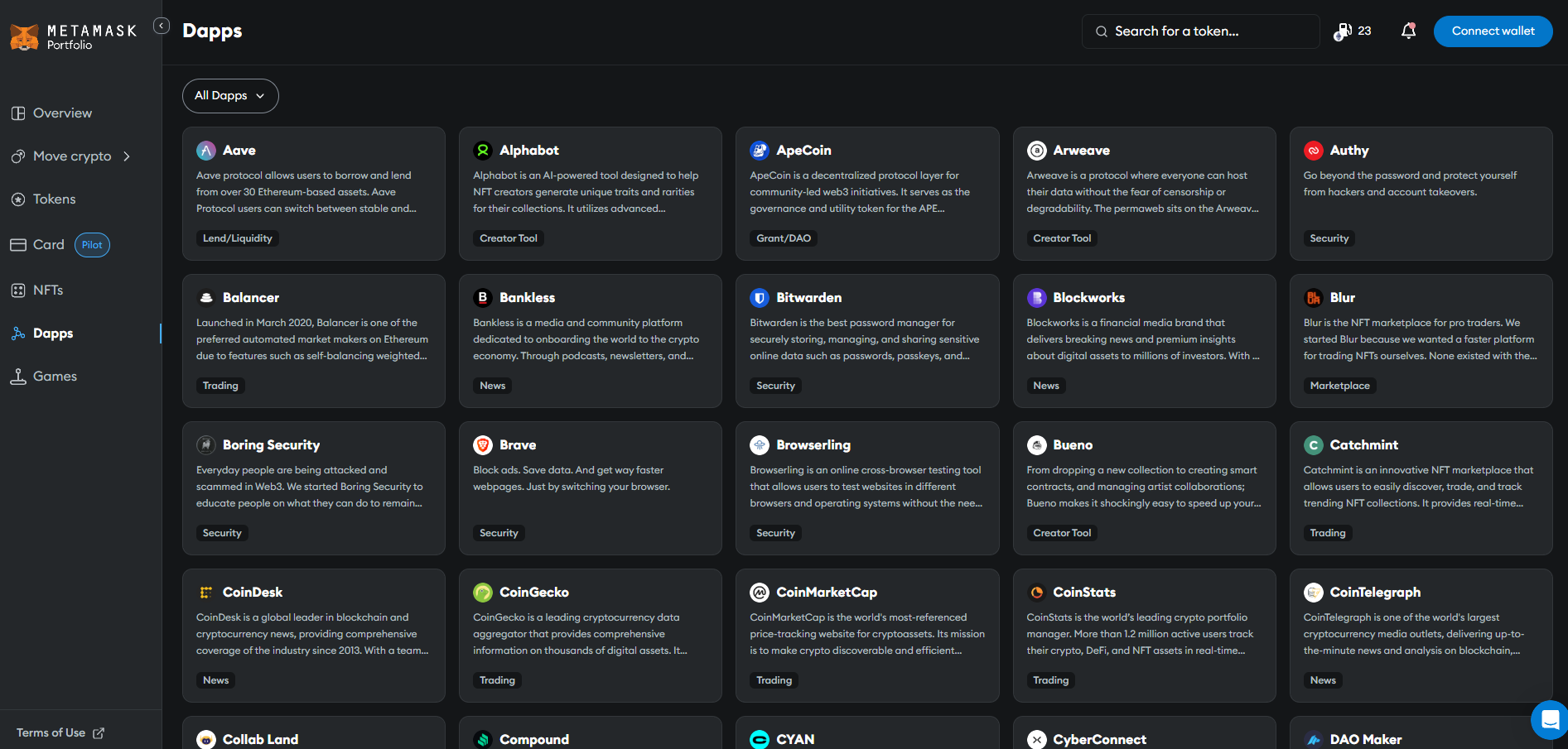 MetaMask portfolio dApp displaying a list of supported decentralized apps (dApps) in the Web 3 wallet - Flush