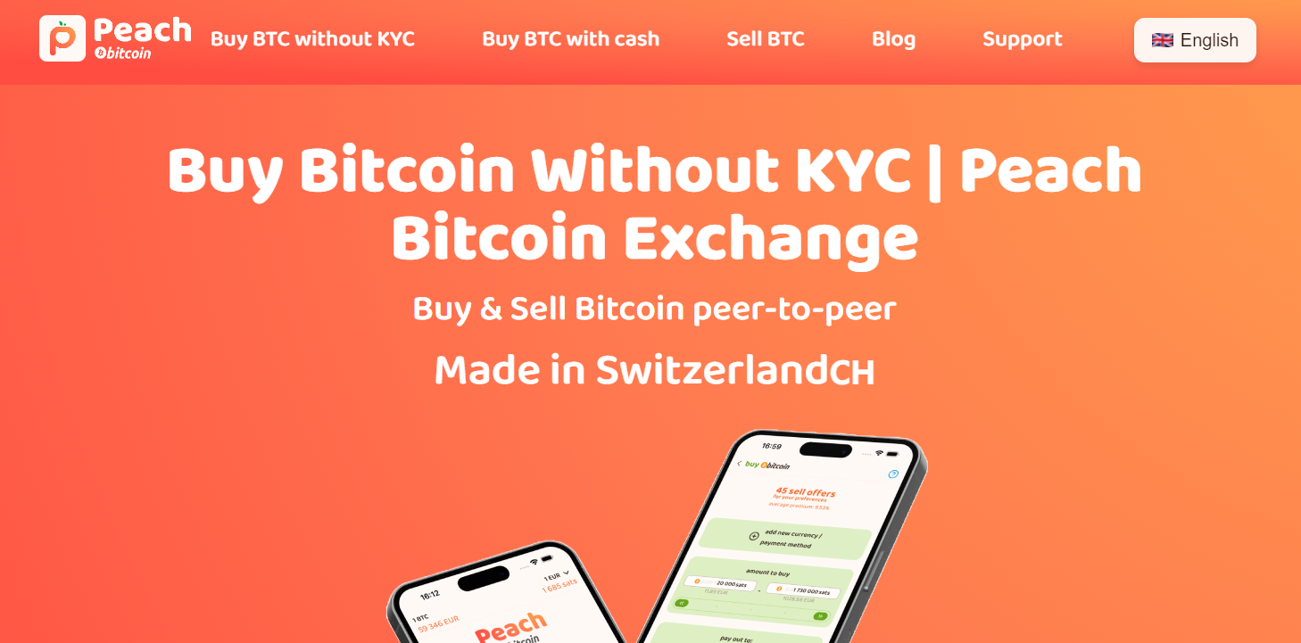 P2PプラットフォームでKYCなしのBitcoin購入を促すPeach Bitcoinのホームページ - Flush