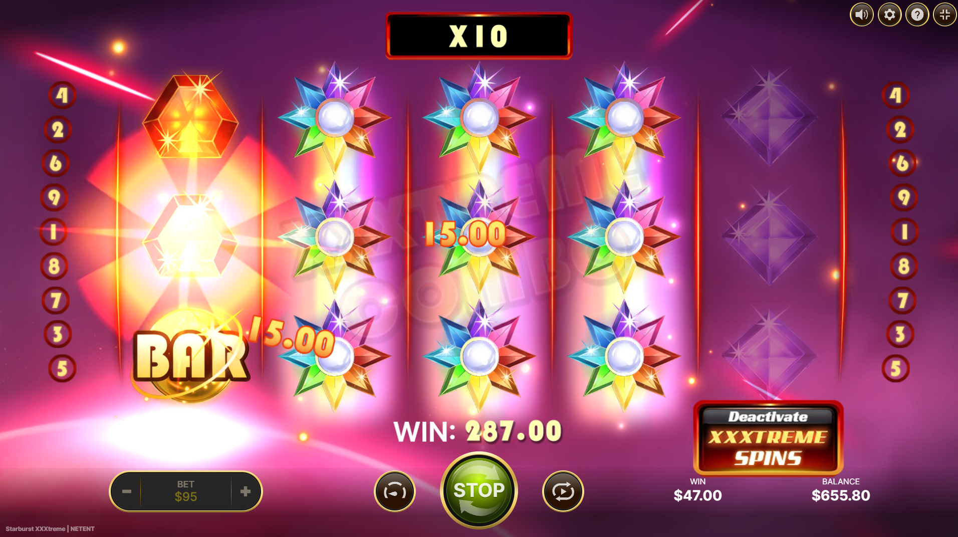 NetEntのStarburst XXXtremeスロット：確定ワイルドが表示されたXXXtreme Spinsボーナス機能のプレイ画面 - Flush。