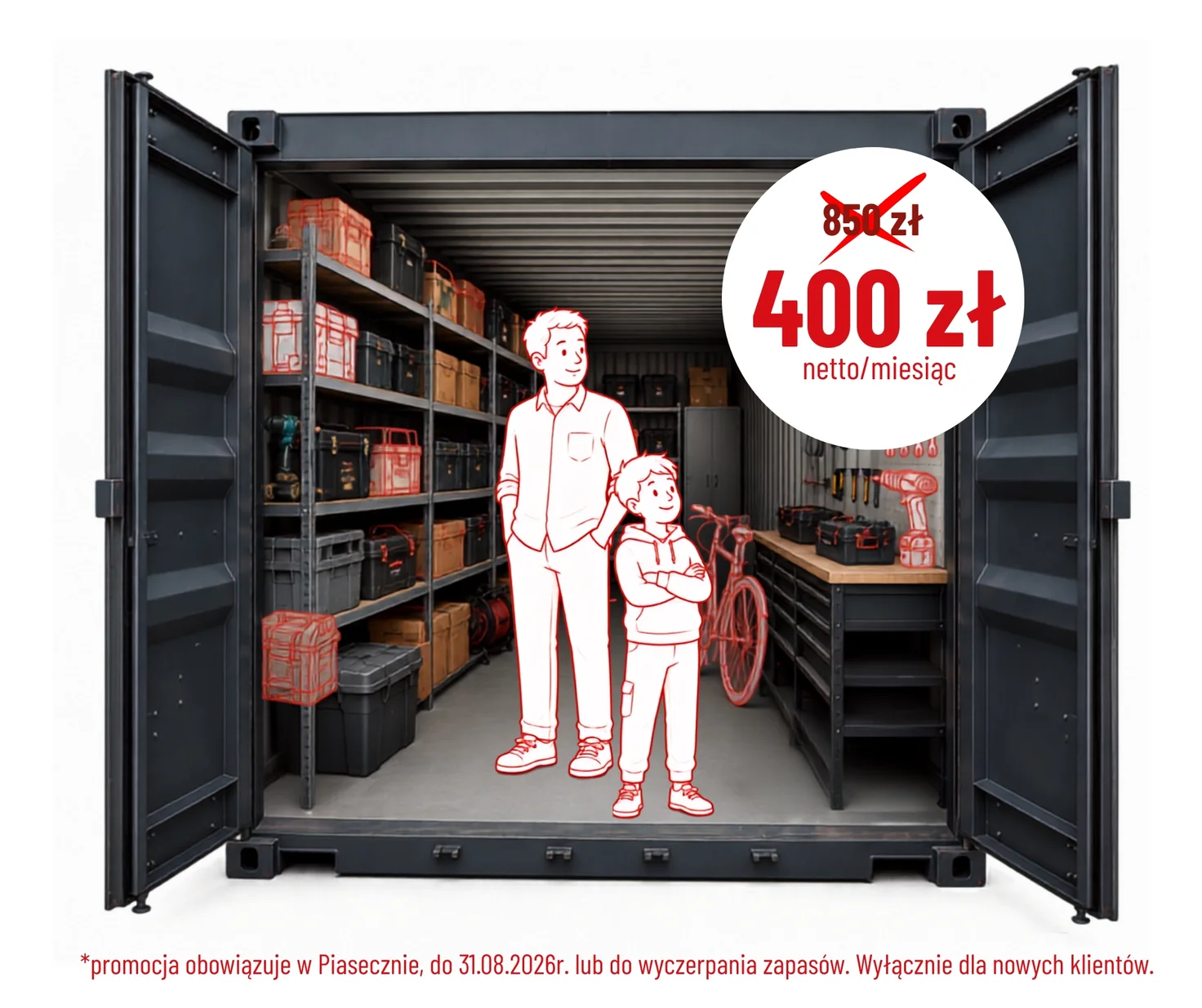 Osoba otoczona rzeczami — pudła, meble, sprzęt sportowy — Celtic Self Storage w Warszawie oferuje kontenery morskie w najniższych cenach