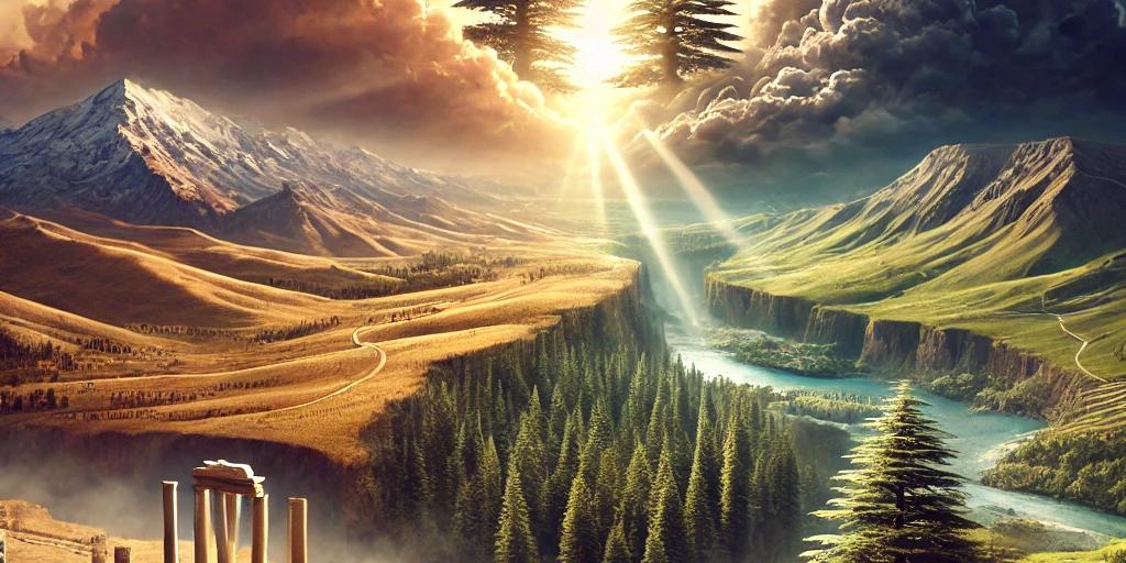 Landscape of Lebanon featuring cedars, majestic mountains, and a winding river beneath a sky filled with clouds. This image showcases a breathtaking scene with sunlight shining through the clouds, highlighting the natural beauty of Lebanon. It symbolizes hope that comes not from man, but from the ultimate light, Jesus Christ.
