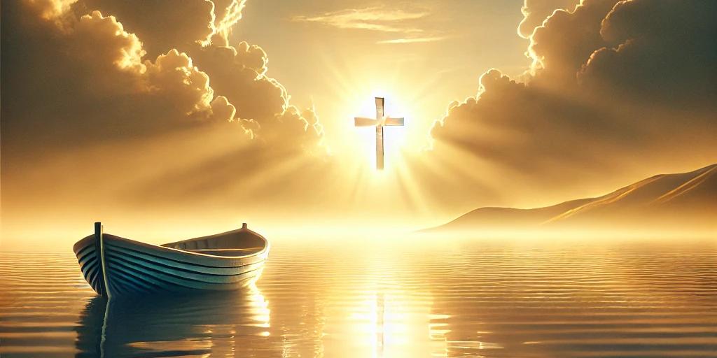 A serene landscape with a peaceful sunrise over calm waters, symbolizing God’s grace and sovereignty. The soft light reflects hope and trust in God’s perfect plan.