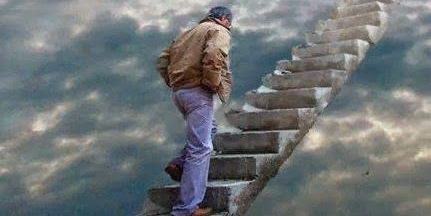 Ascending a staircase of spiritual enlightenment, illustrating the gradual progress towards a closer relationship with God