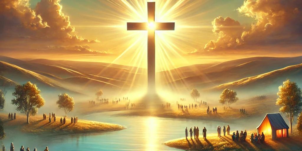 A radiant cross emits soft golden light at the center of a peaceful landscape. Surrounding the cross are diverse people, symbolizing unity and love in Christ. Rolling hills, a calm river, and a glowing sunrise in the background evoke a sense of inner peace and tranquility, reflecting harmony in nature and relationships.