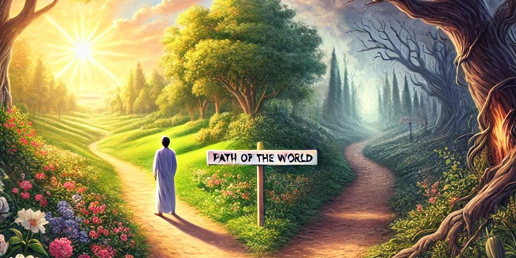 A split scene depicting two diverging paths: on one side, a dark pathway representing worldly beliefs leading to death. On the other side, a bright, serene path illuminated by light, symbolizing the teachings of the Word, leading to life and transformation through faith in Jesus. The contrast highlights the choice between worldly pursuits of independance from God and spiritual fulfillment with God.