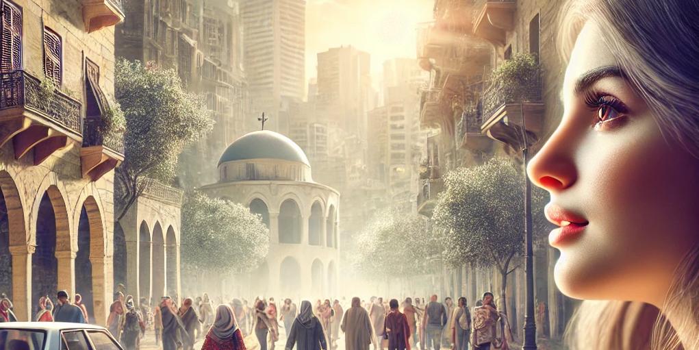 A young woman driving a car in a vibrant Beirut street, surrounded by diverse pedestrians, blending traditional and modern architecture, symbolizing community and kindness under bright sunlight.