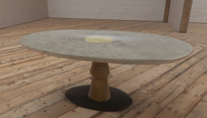 Oval stone and turned timber dining table