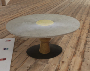 Round stone and turned timber dining table