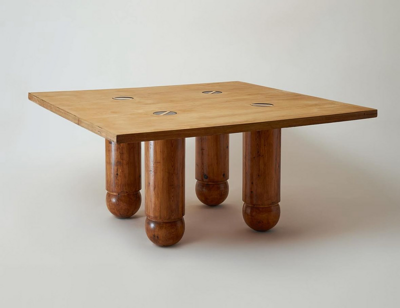 Square dining table with chunky solid pine legs reminiscent of Brazilian modernism