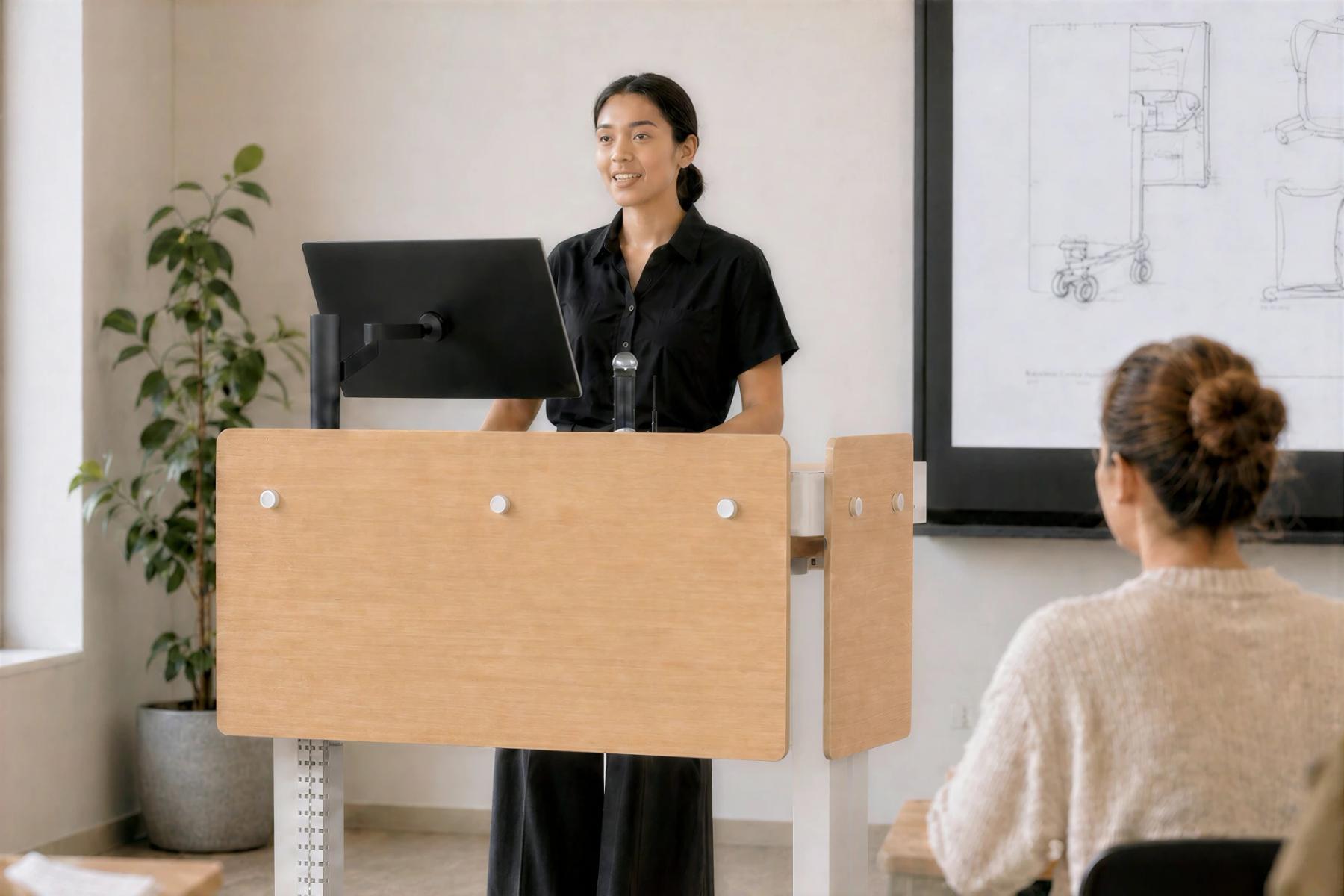 Presenter speaking at a Heckler Lectern 4U with a wood-finish modesty panel and an arm-mounted display in a training room.