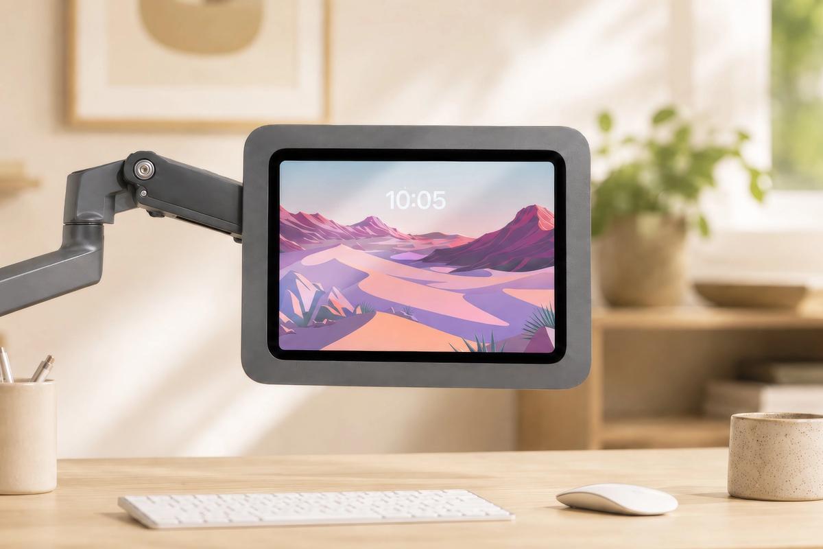 VESA-mounted tablet used with room collaboration hardware.