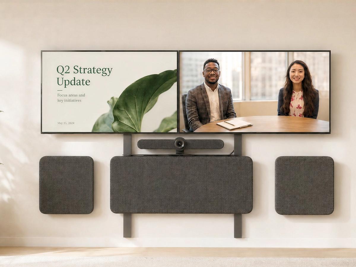 Dual-display meeting room configuration with coordinated front wall hardware.