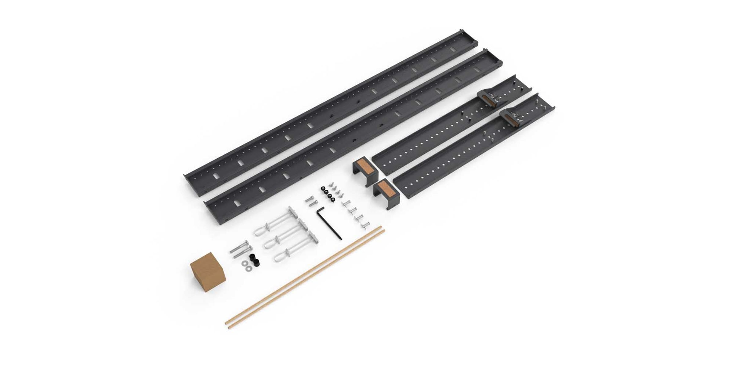 Two display beams
One set of display-mounting rails (Use the set that came with Heckler AV Wall Structure for your first display)
Display-mounting hardware kit
Wall-anchoring hardware