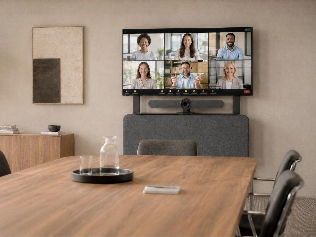 Conference room video meeting setup with a large front display.