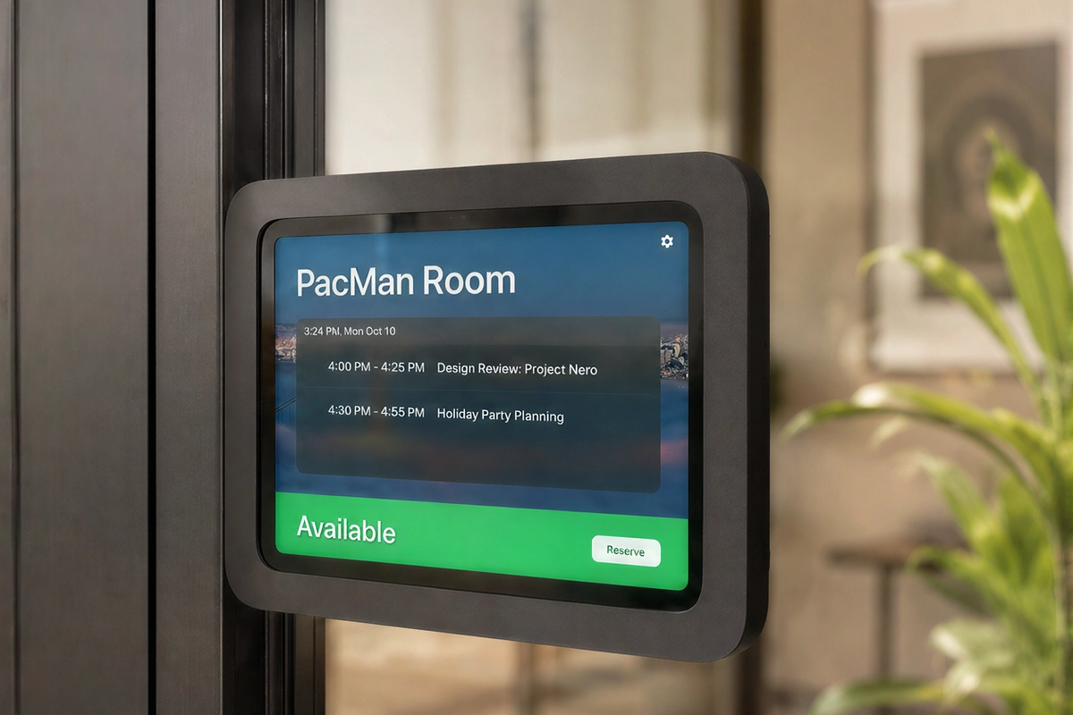 Compact iPad mini scheduling mount for smaller room entries.