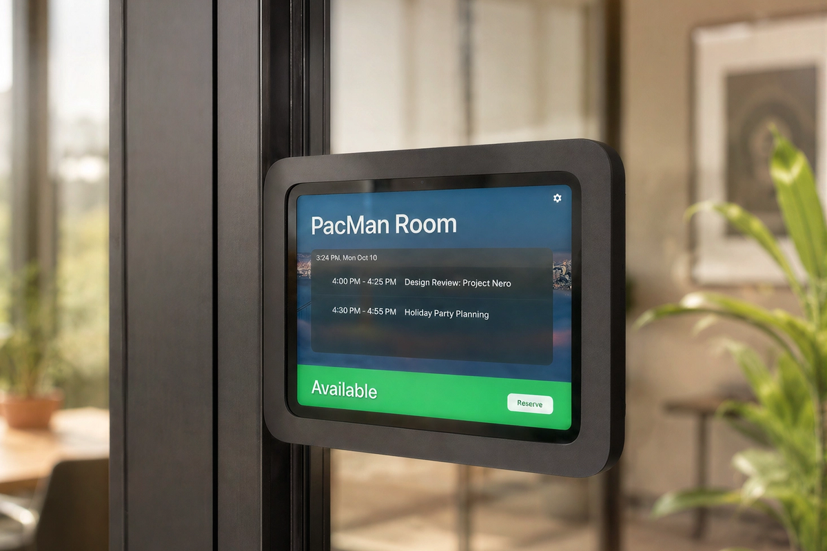 Room scheduler iPad mount outside a shared meeting room.