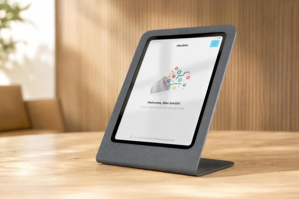 Portrait iPad stand for public-facing check-in and signage.