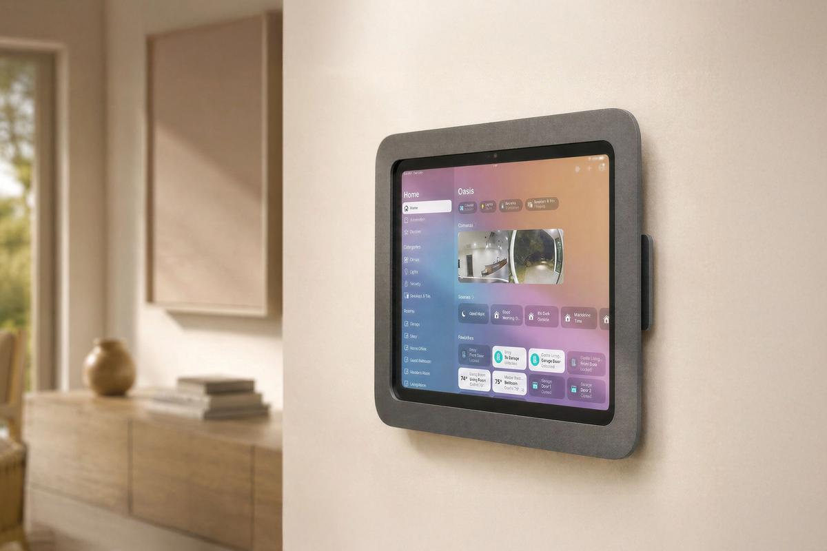 Wall-mounted iPad installation in a modern meeting room.