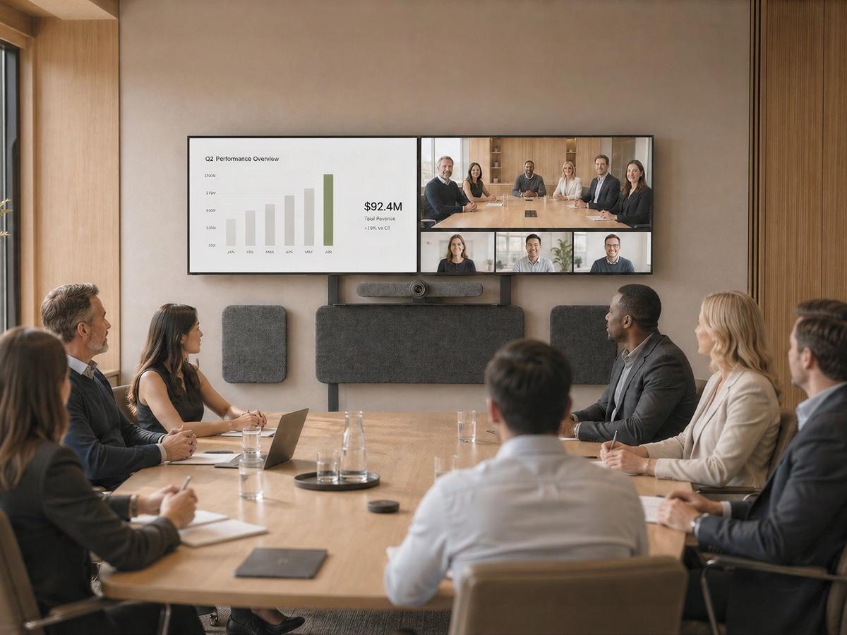 Refined meeting space with concealed front-of-room equipment.
