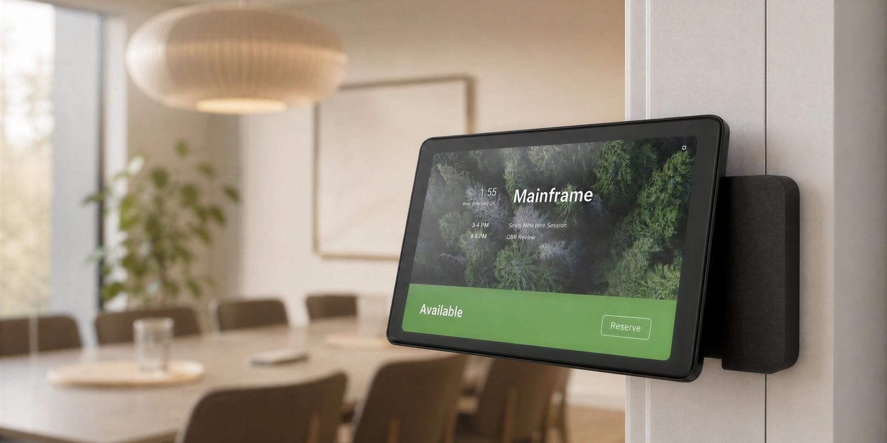Room scheduling mount installed at the threshold of a modern meeting room.