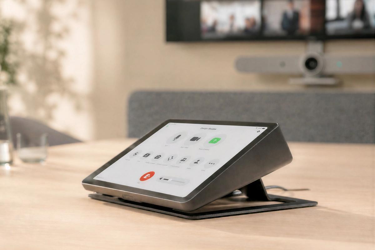 Logitech Tap stand for a meeting room controller deployment.