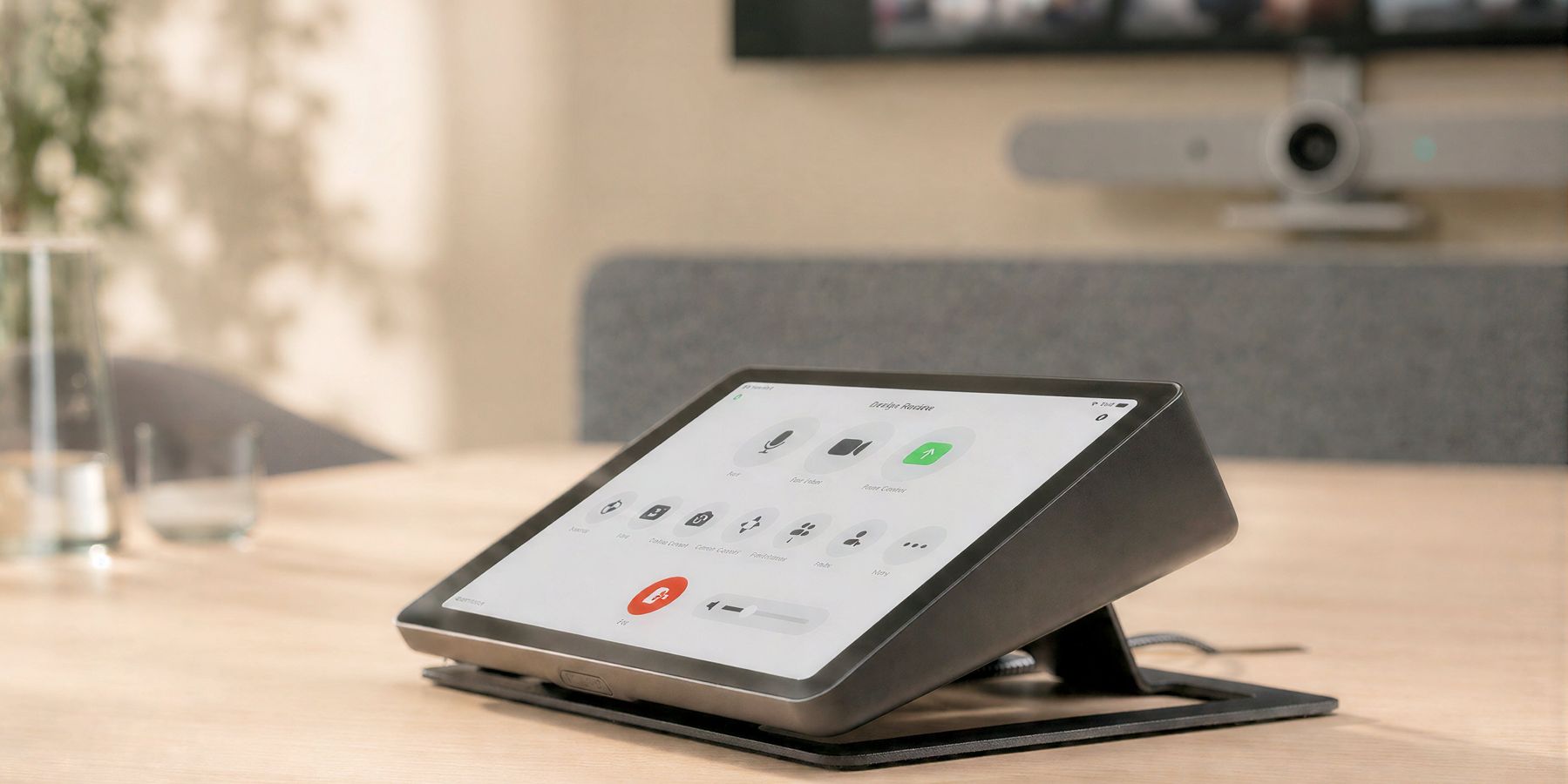 Heckler meeting room controller mount on a conference table in a video meeting room.