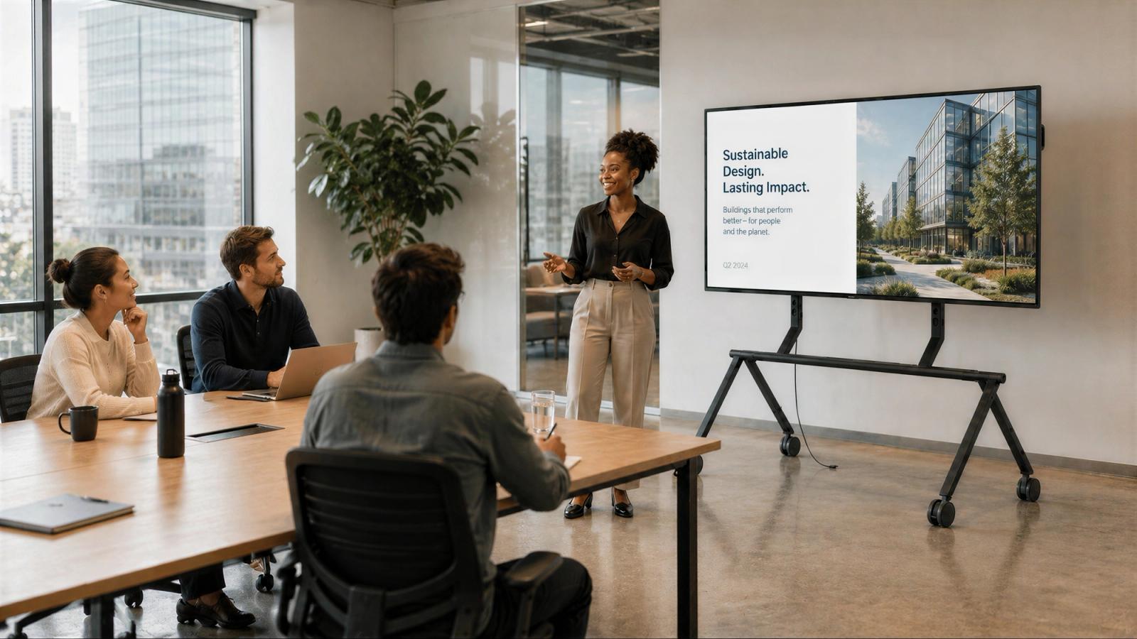 Modern video meeting room with integrated AV furniture, a large display, and people working around a conference table.