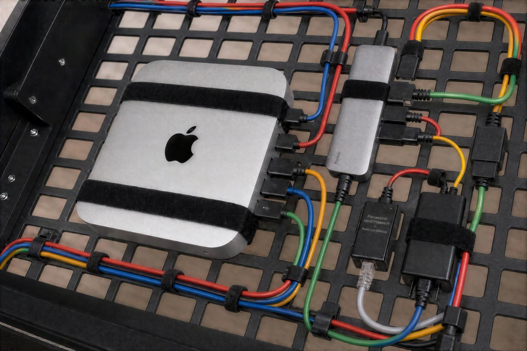 Compact computer, hub and power supplies strapped to the Heckler Lectern's perforated equipment shelf with short, neatly routed colour-coded cables.