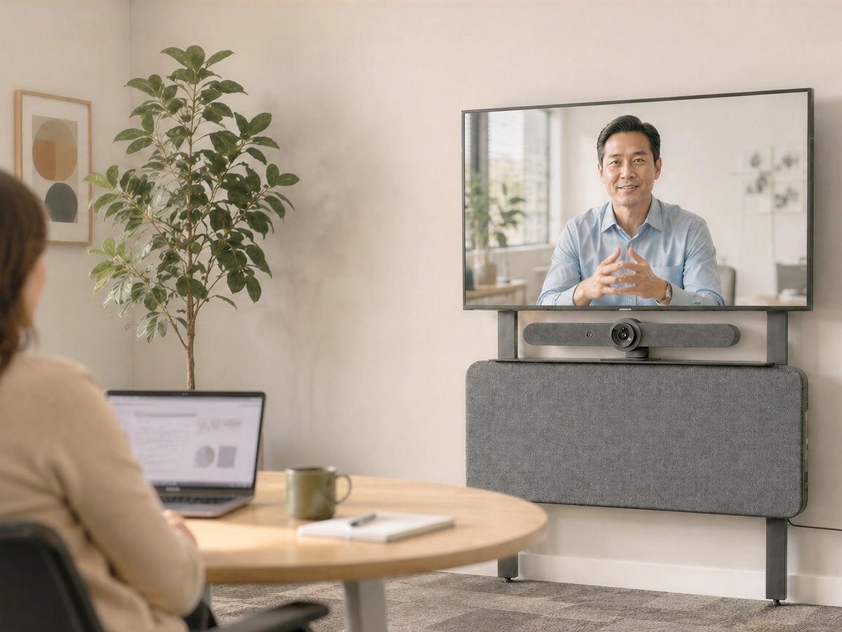 Floor-supported meeting-room display system for leased office installations.