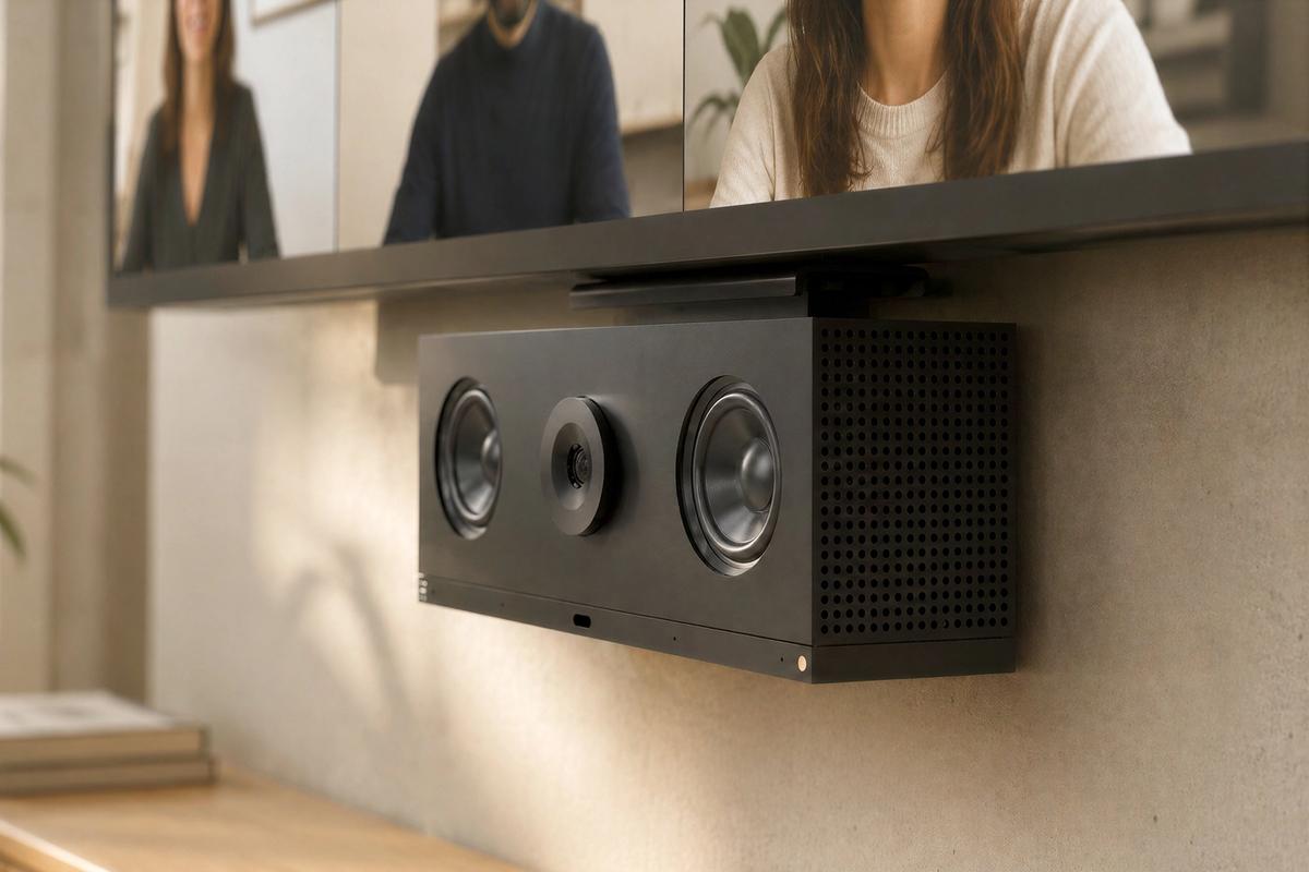 Video bar mounted below a display in a modern meeting room.