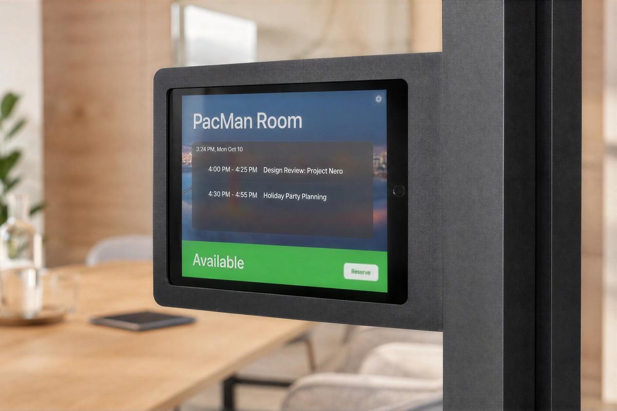 Side and front tablet mounts for multi-room scheduling deployments.