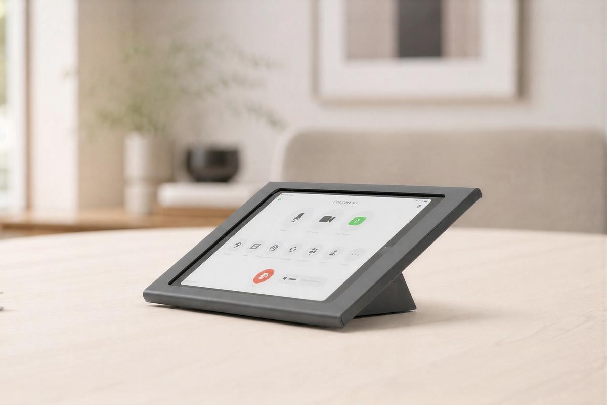 Compact meeting room controller console in a shared room.