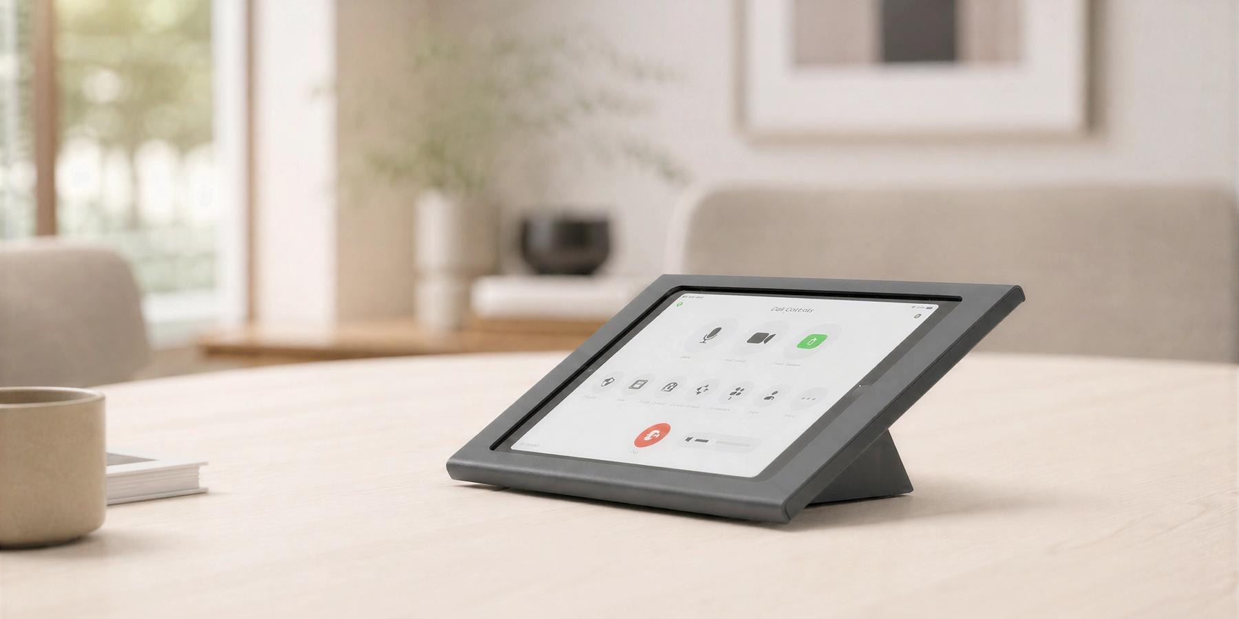 Meeting controller hardware installed in a modern video meeting room.