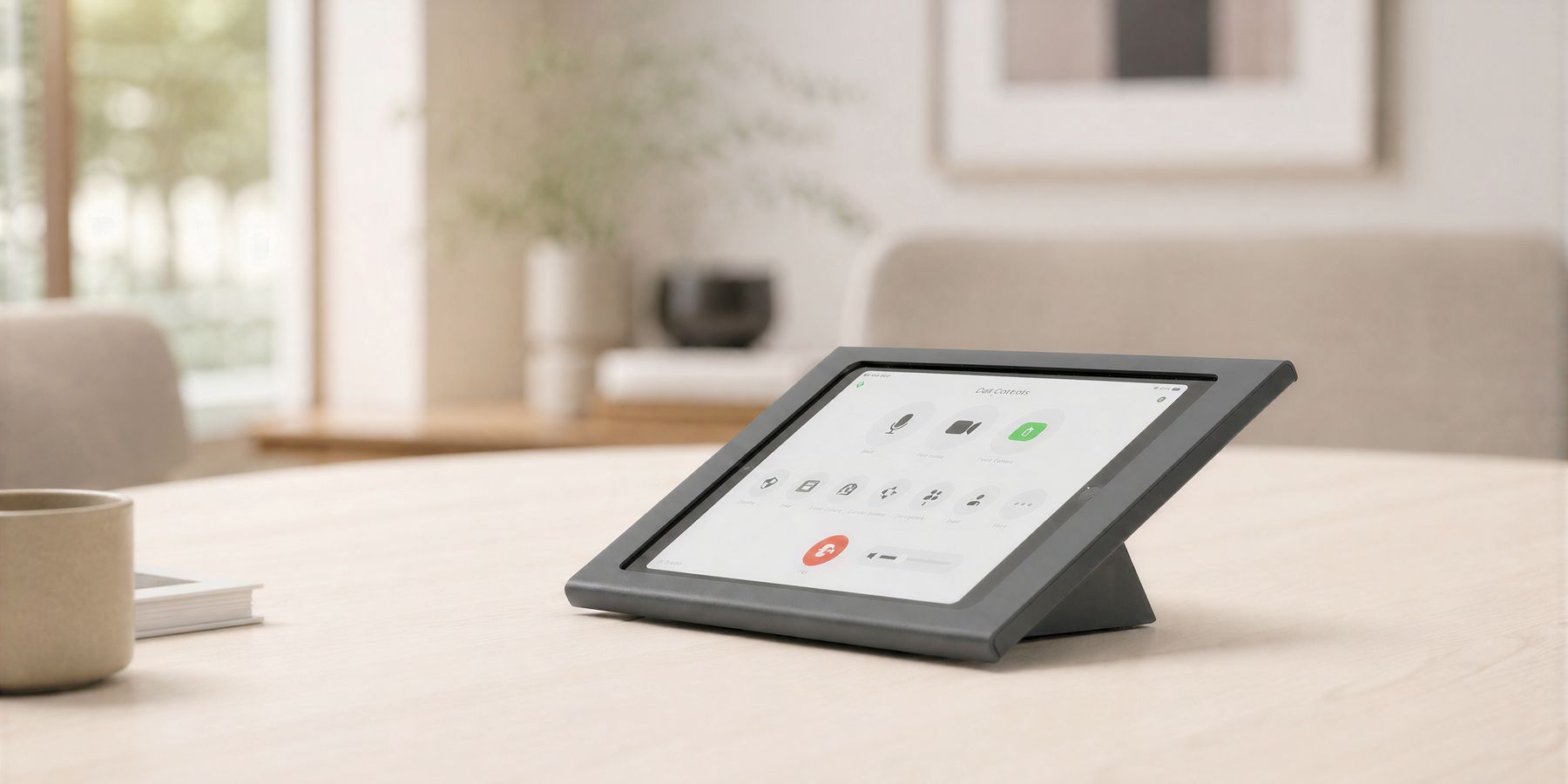 Meeting controller hardware installed in a modern video meeting room.