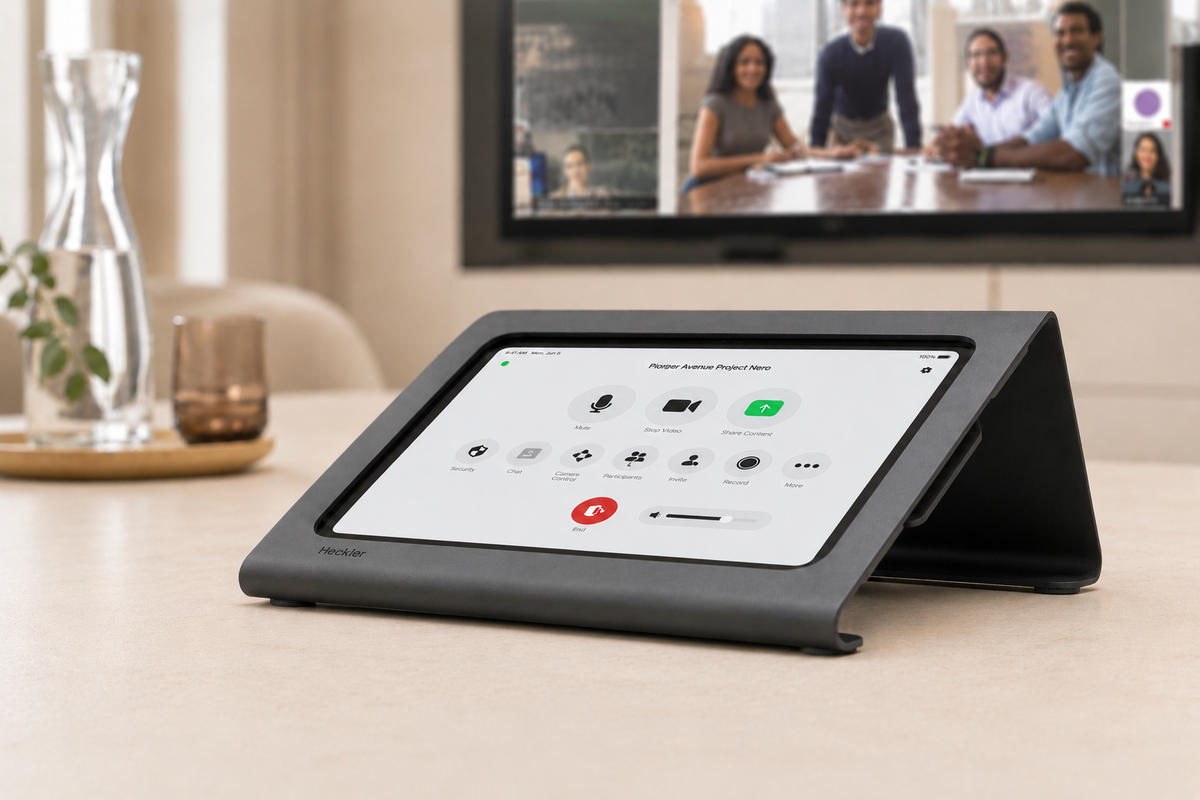 Meeting room console for iPad on a shared collaboration surface.