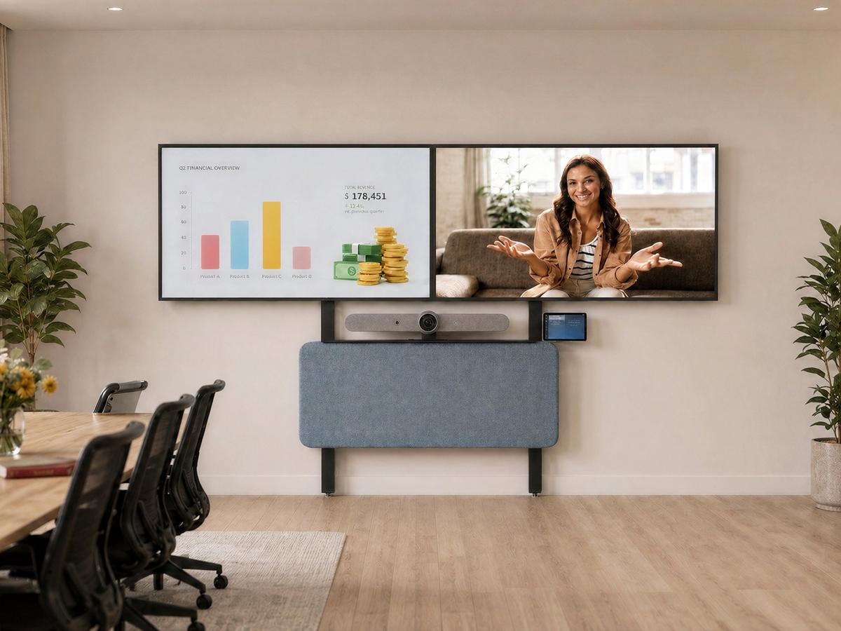 Meeting room representing a dual-display AV wall configuration.