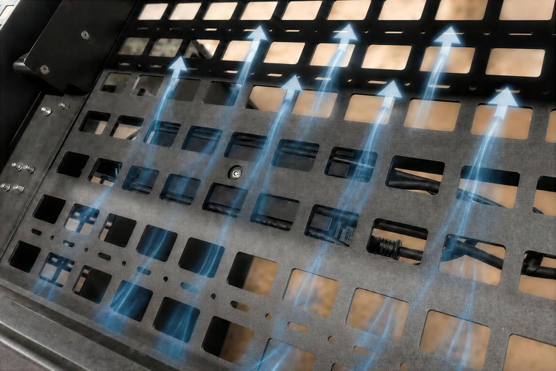 Perforated equipment shelf inside the Heckler Lectern, with illustrated arrows showing warm air rising through the openings.