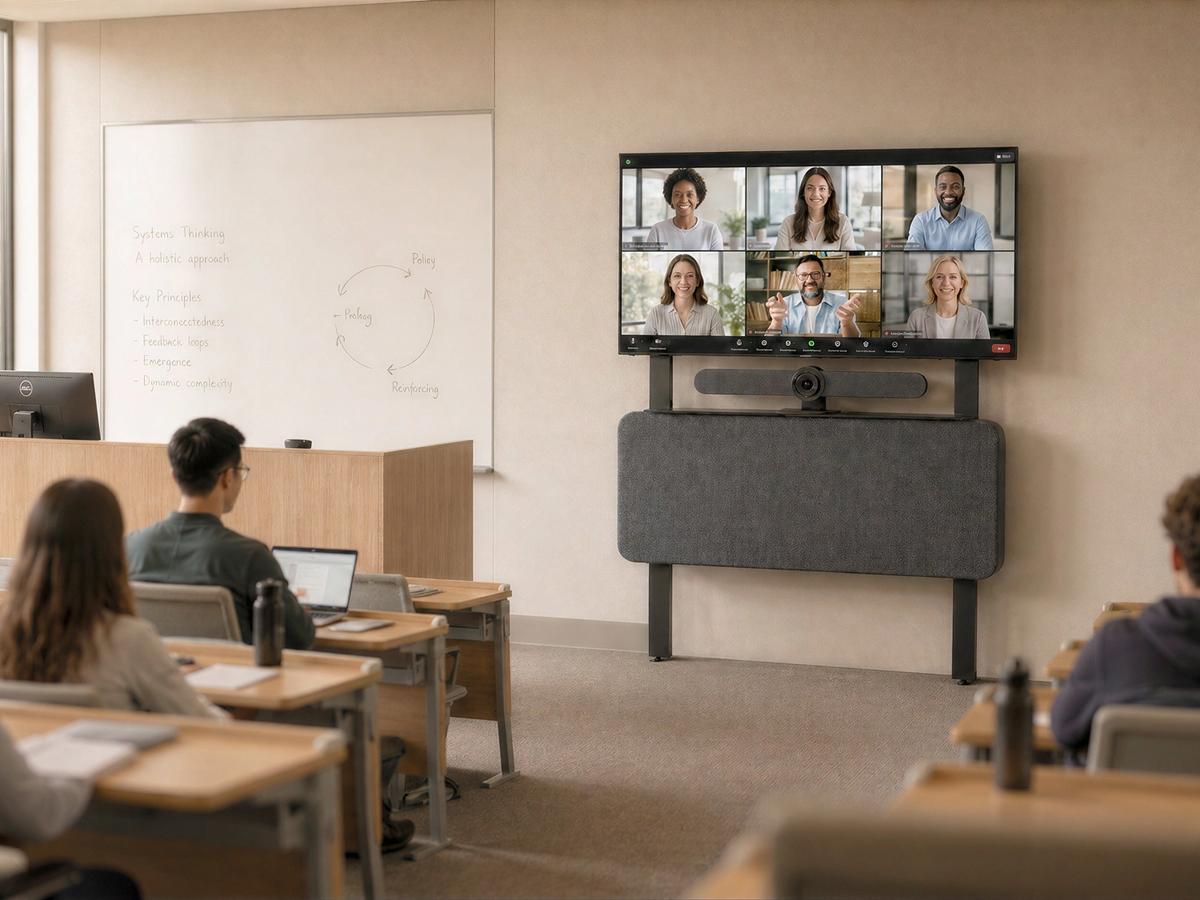 Floor-supported display structure shown in a classroom-style meeting room.