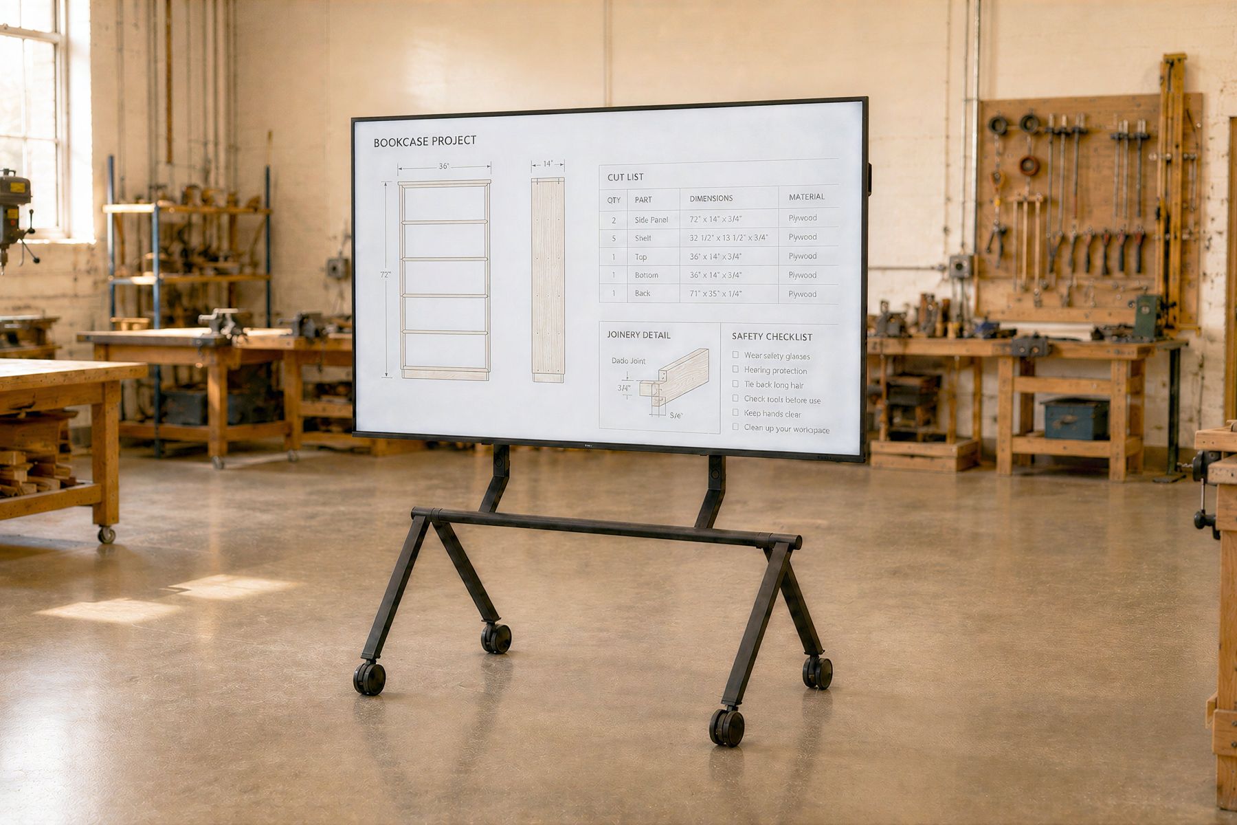 XL rolling display stand supporting a large-format screen.