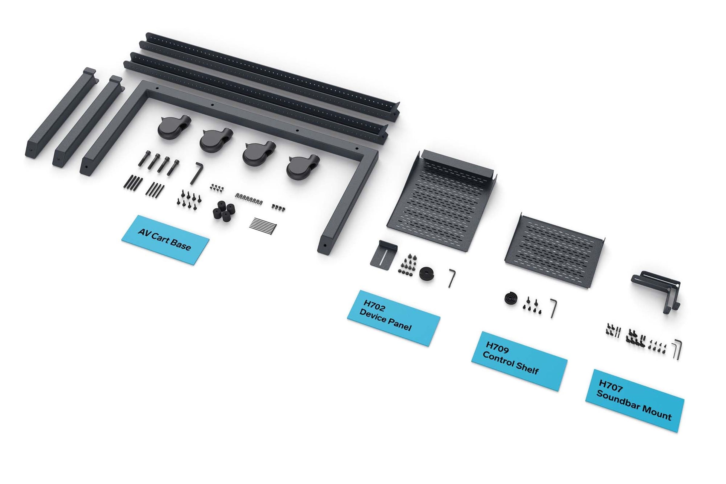 Heckler AV Cart Prime main structure and casters
Device Panel for Heckler AV Cart
Control Shelf for Heckler AV Cart
Soundbar Mount for Heckler AV Cart
Assembly tools