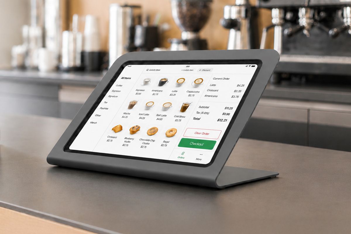 Countertop tablet stand used for a commercial point-of-service deployment.