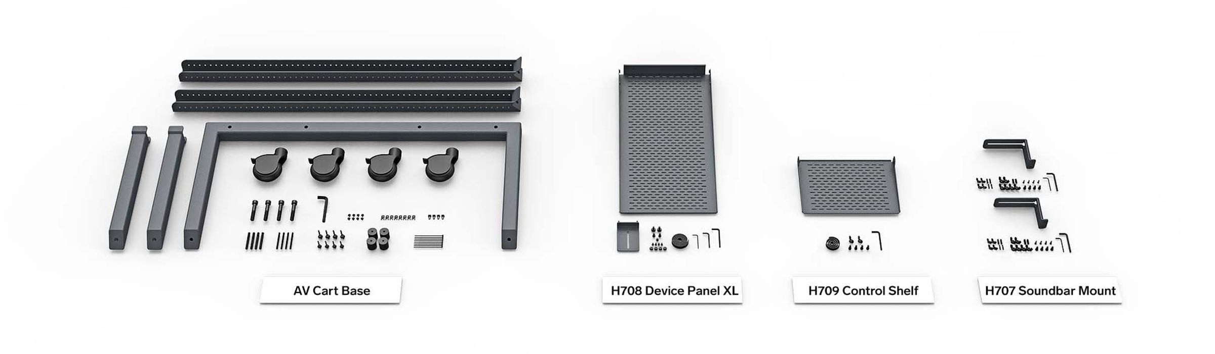 Heckler AV Cart main structure and casters
Device Panel XL for Heckler AV Cart
Control Shelf for Heckler AV Cart
2 X Soundbar Mount for Heckler AV Cart
Assembly tools