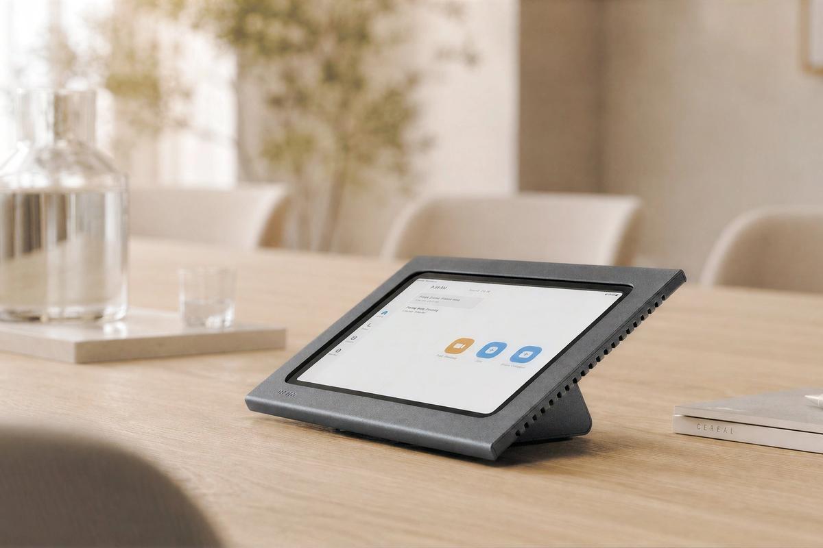 Zoom Rooms controller console on a meeting room table.
