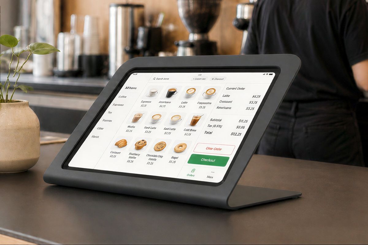 Retail and hospitality environment with public-facing technology mounts.