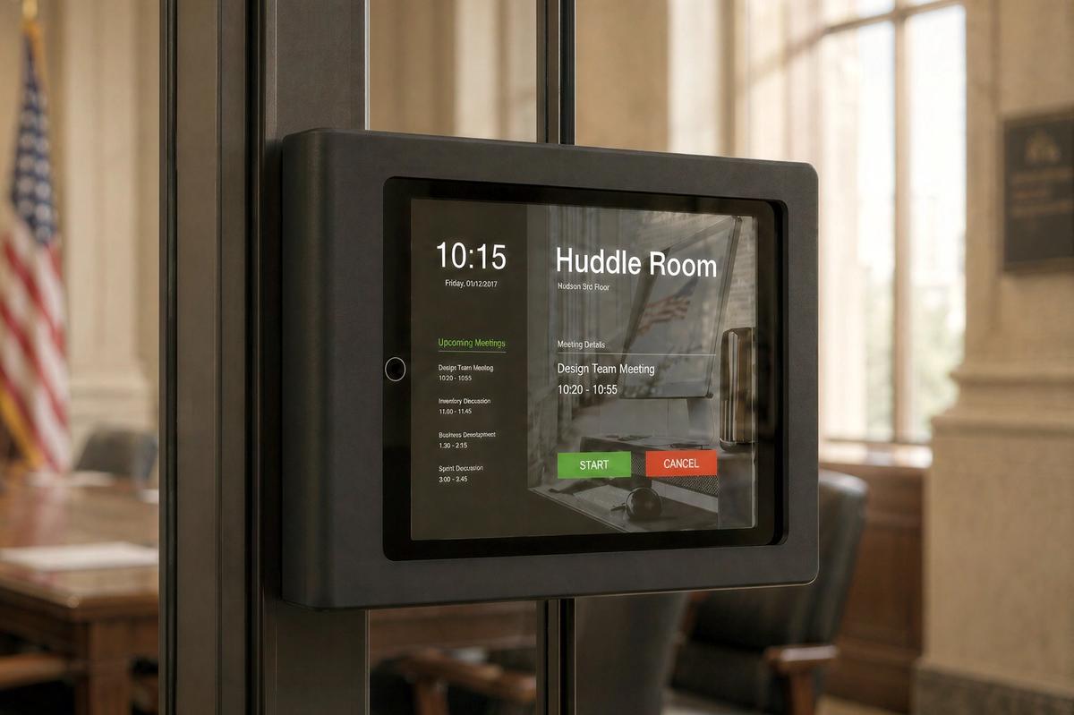 Enterprise room technology deployment with standardized mounted hardware.