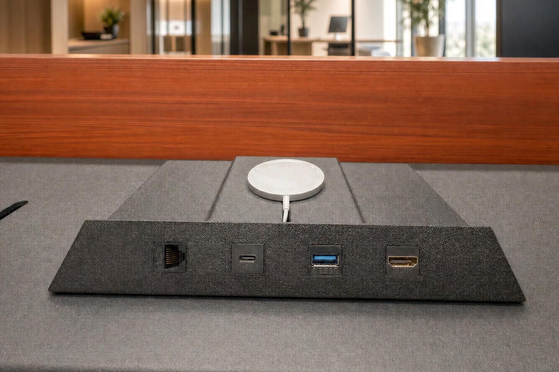 Courtesy connection points integrated into a lectern surface
