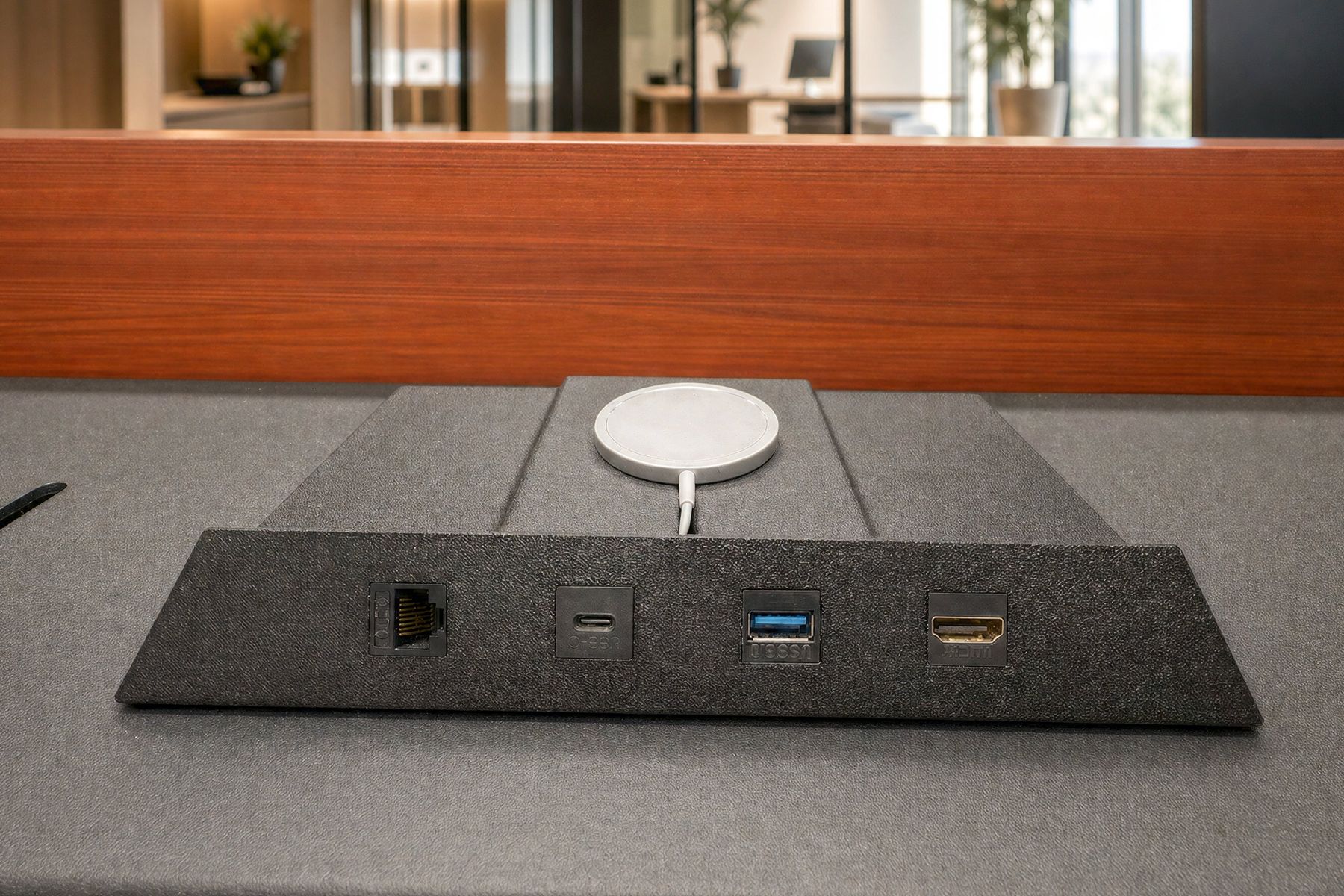 Courtesy connection points integrated into a lectern surface