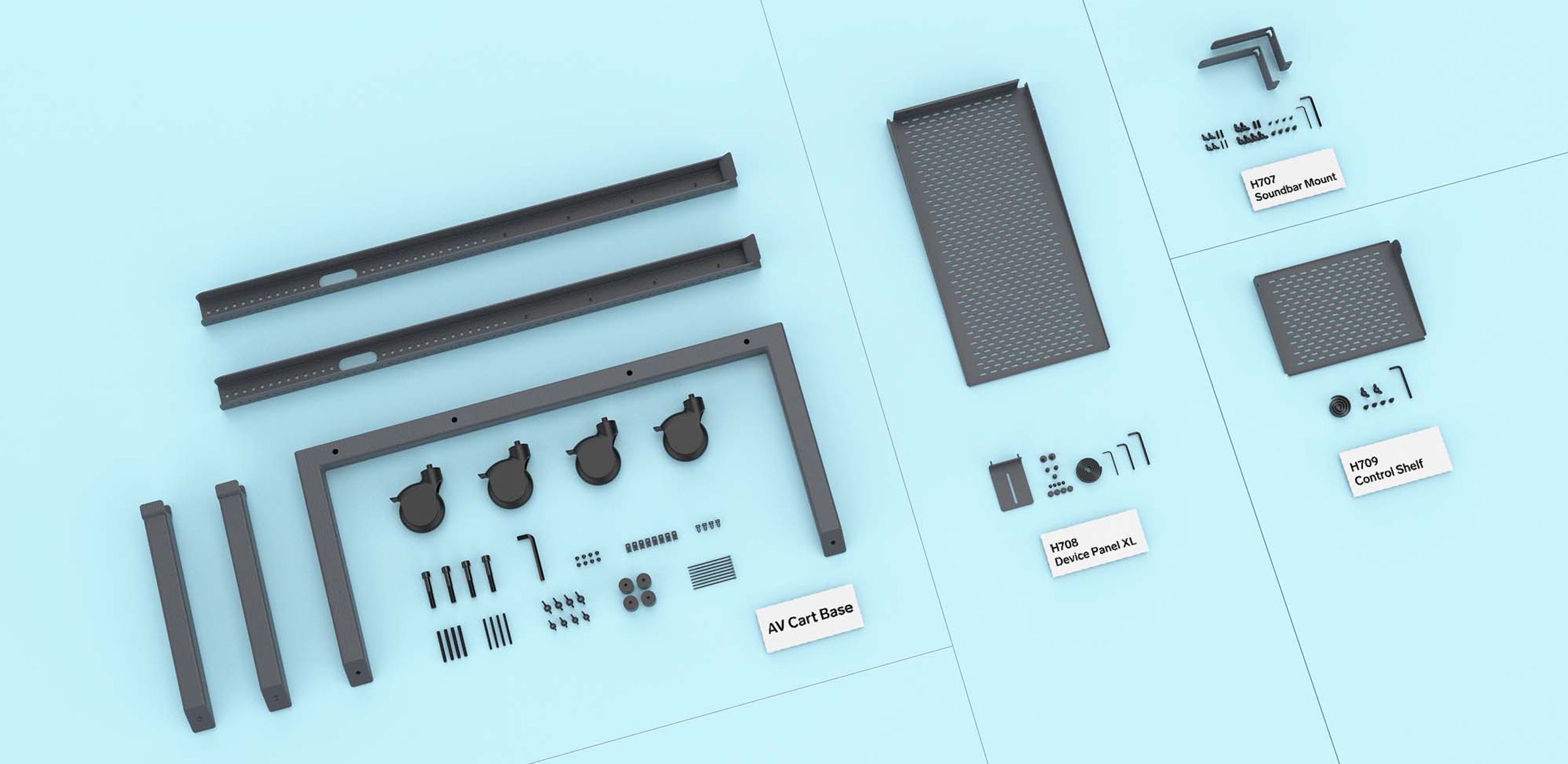 Heckler AV Cart main structure and casters
Device Panel XL for Heckler AV Cart
Control Shelf for Heckler AV Cart
Soundbar Mount for Heckler AV Cart
Assembly tools
